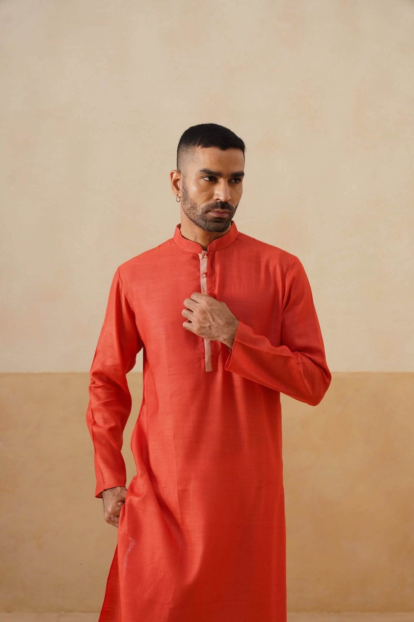 Saffron Kurta with Contrast Placket