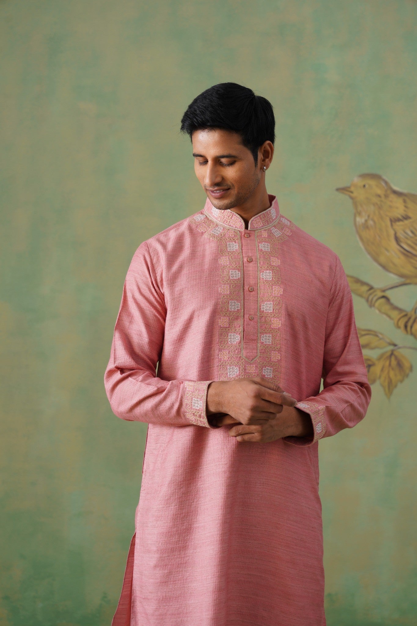 Rose Pink Embroidered Placket Kurta Set