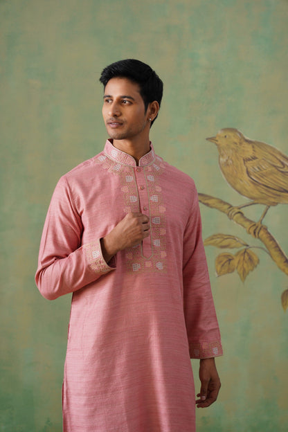 Rose Pink Embroidered Placket Kurta Set