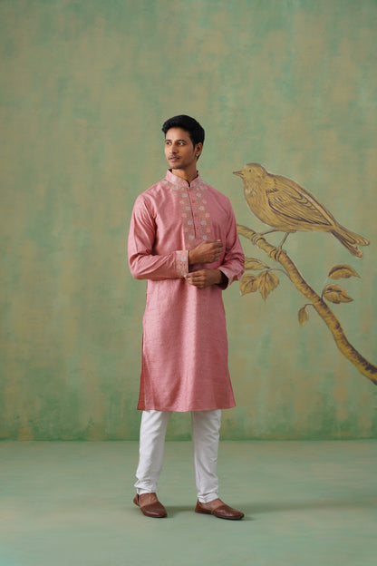 Rose Pink Embroidered Placket Kurta Set