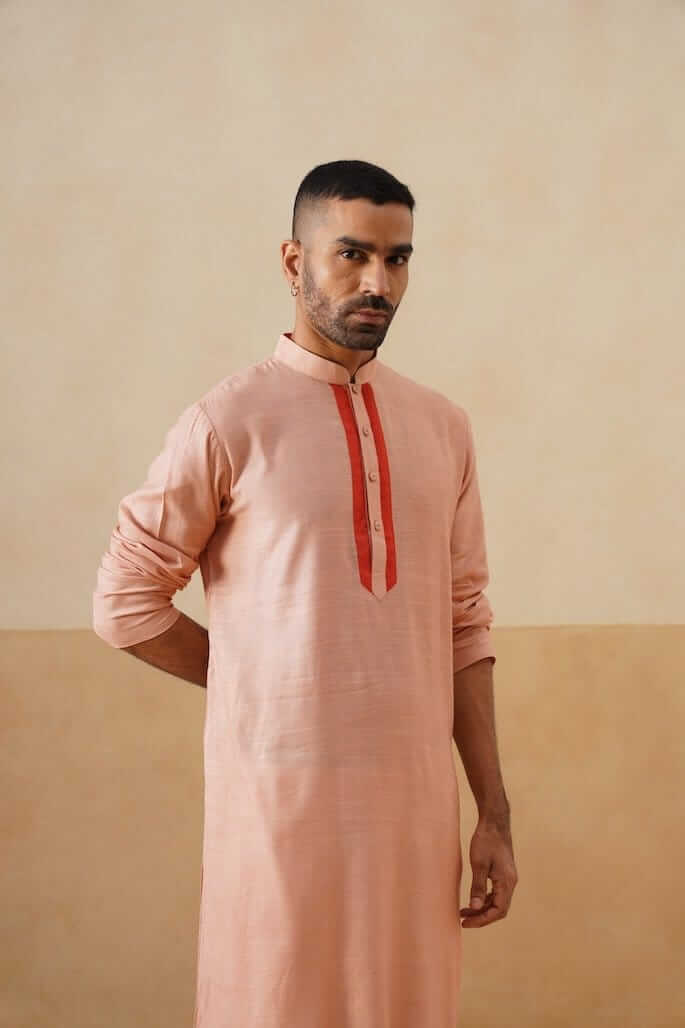 Peach Cotton Kurta with Rust Placket