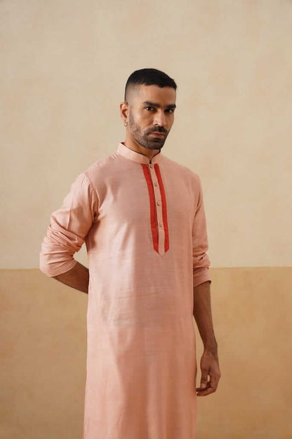 Peach Cotton Kurta with Rust Placket
