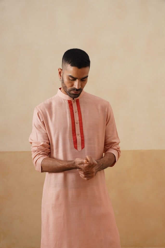 Peach Cotton Kurta with Rust Placket