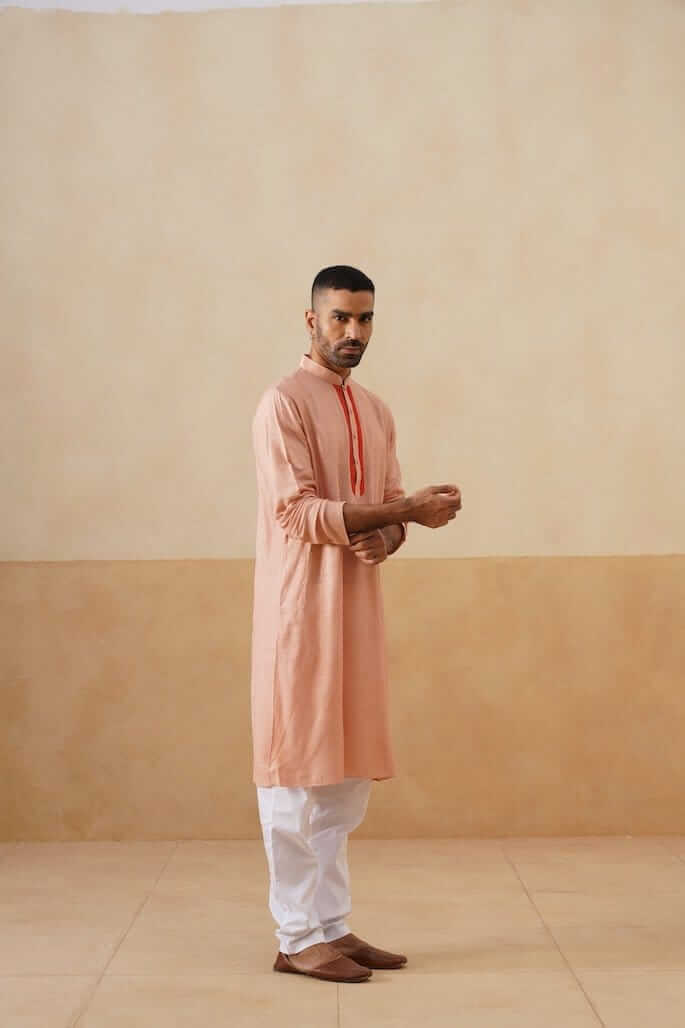 Peach Cotton Kurta with Rust Placket