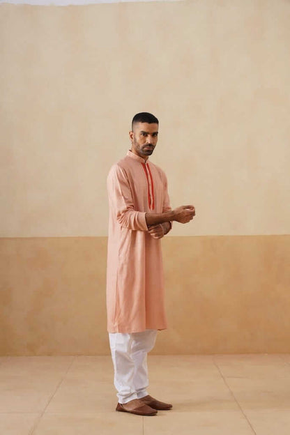 Peach Cotton Kurta with Rust Placket