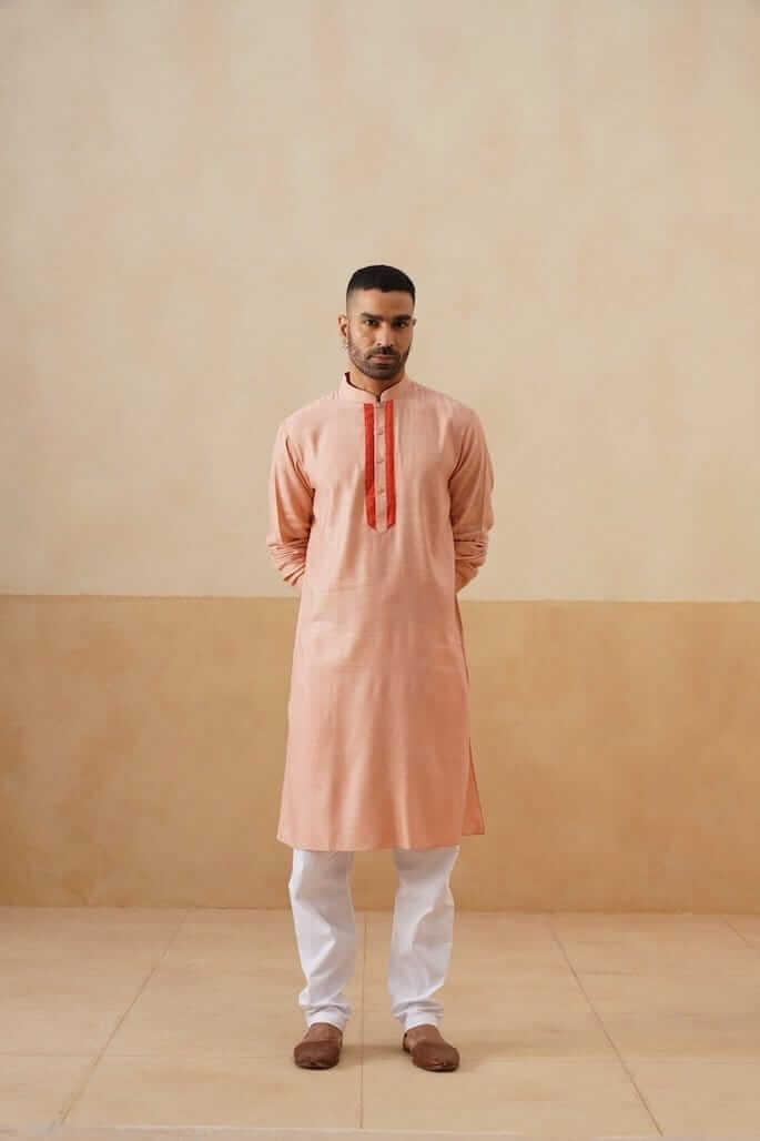Peach Cotton Kurta with Rust Placket