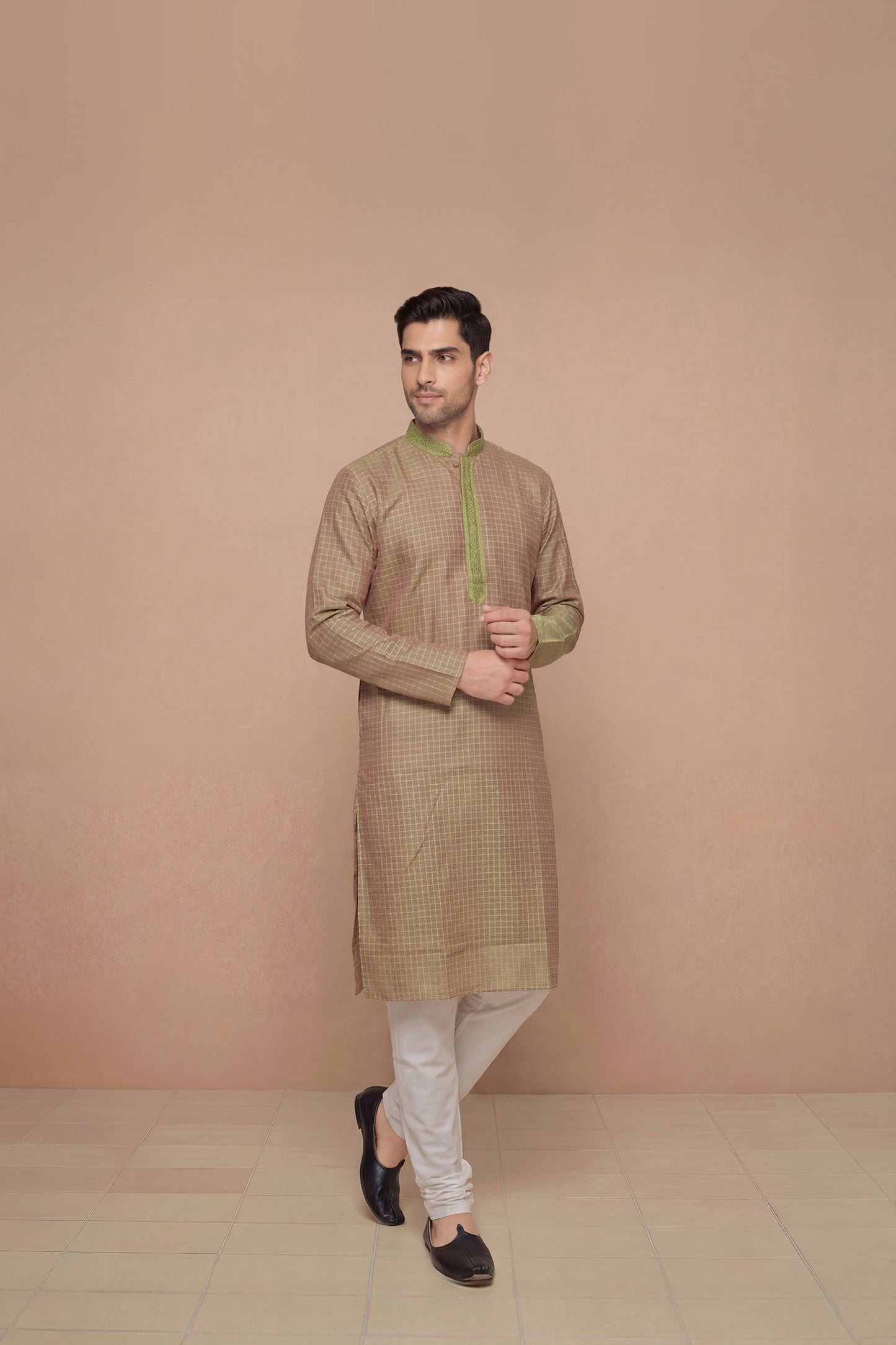 Dusty Rose Checkered Kurta Set with Olive Embroidered Placket