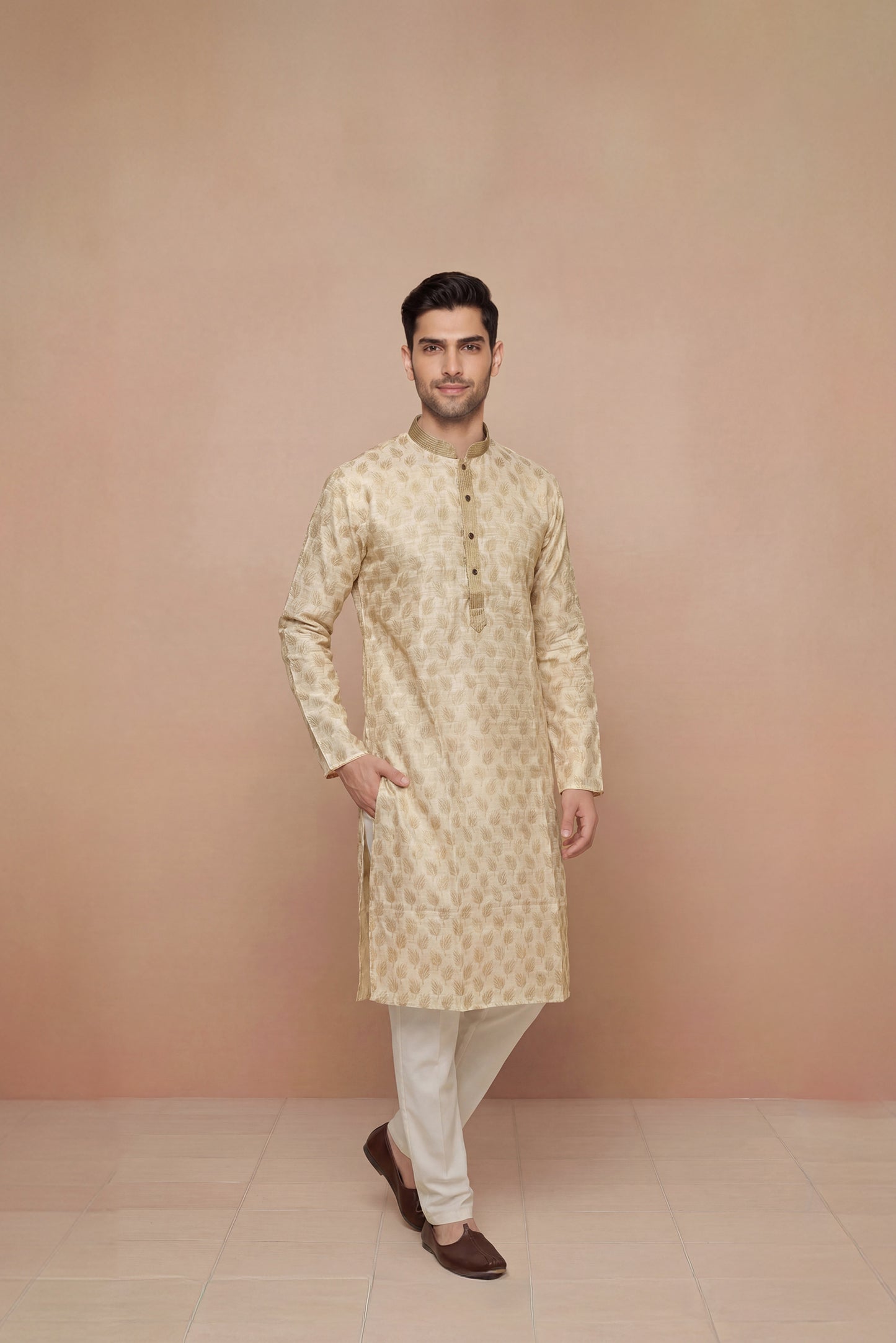 Cream Leaf Motif Jacquard Kurta Set