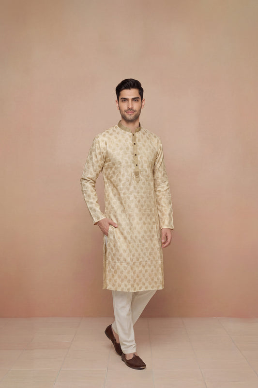 Cream Leaf Motif Jacquard Kurta Set