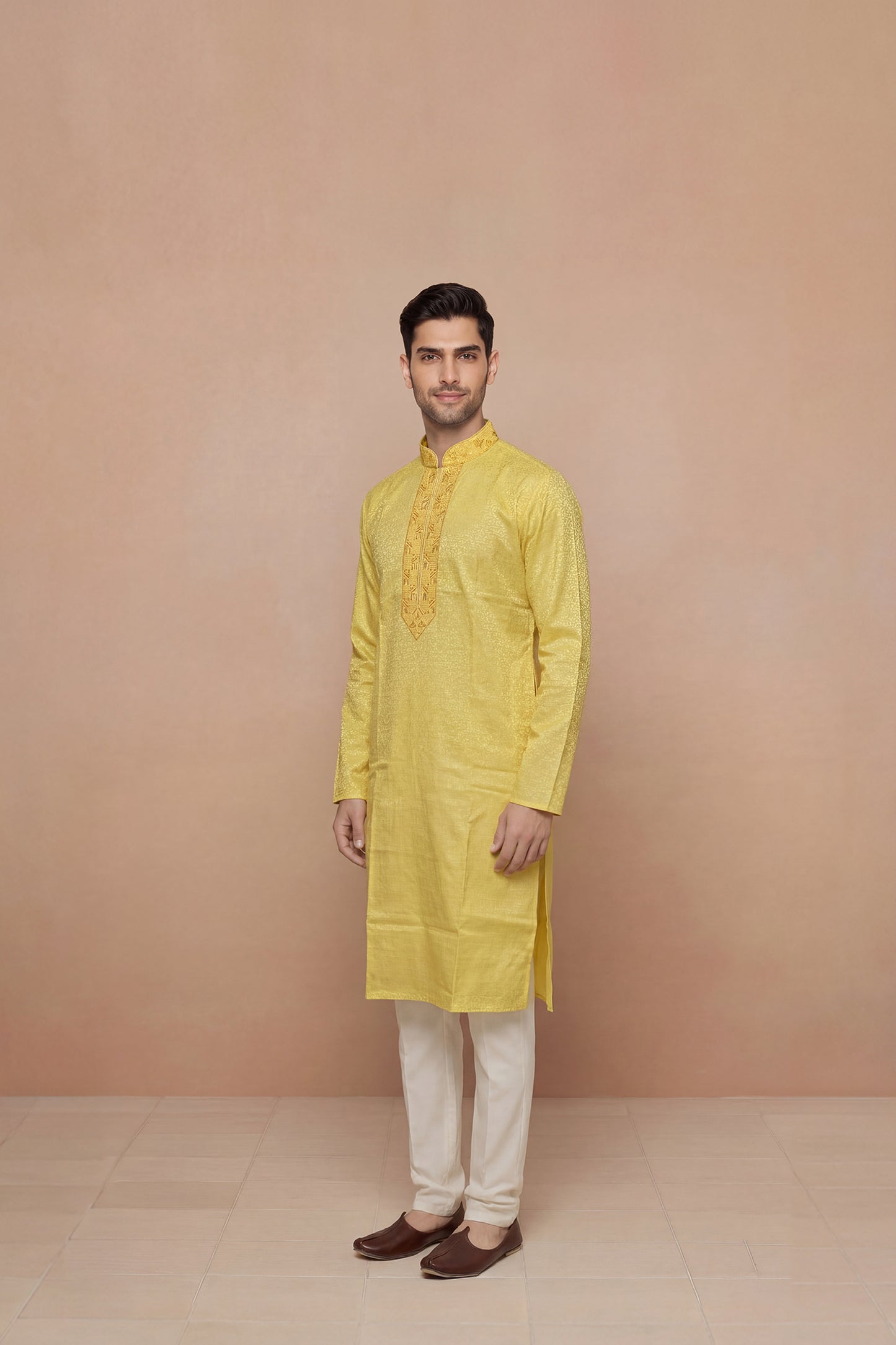 Mustard Yellow Textured Kurta Set