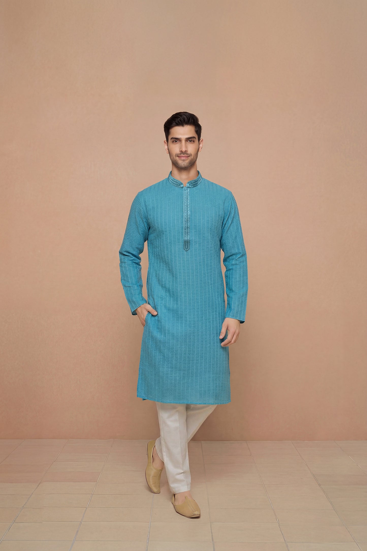 Teal Textured Cotton Kurta with Embroidered Placket