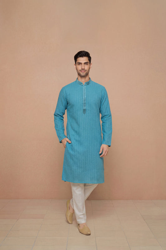 Teal Textured Cotton Kurta with Embroidered Placket