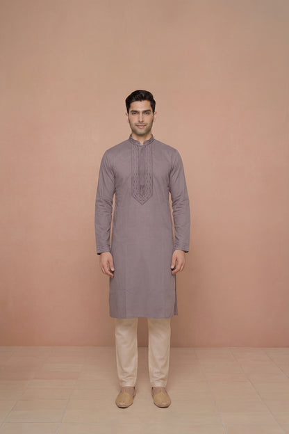 Grey Solid Kurta Set with Tonal Embroidered Placket