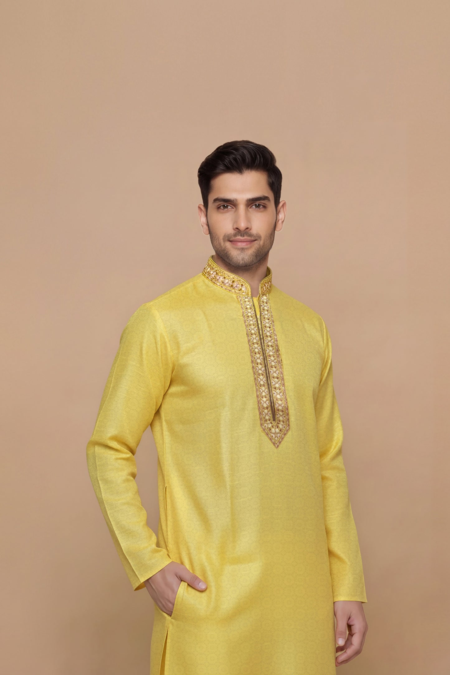 Mustard Yellow Textured Kurta Set with Brocade Placket