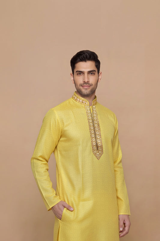 Mustard Yellow Textured Kurta Set with Brocade Placket