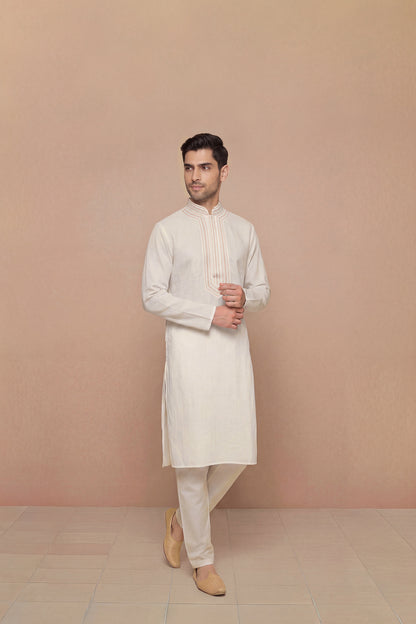 Off-White Embroidered Placket Kurta Set