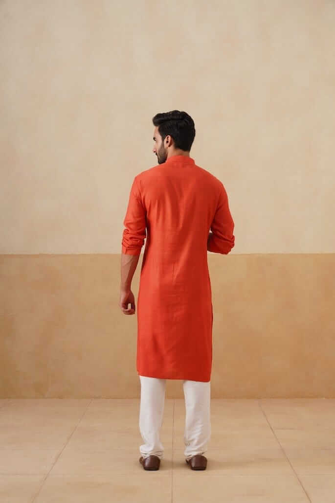 Saffron Cotton Kurta with Beige Placket