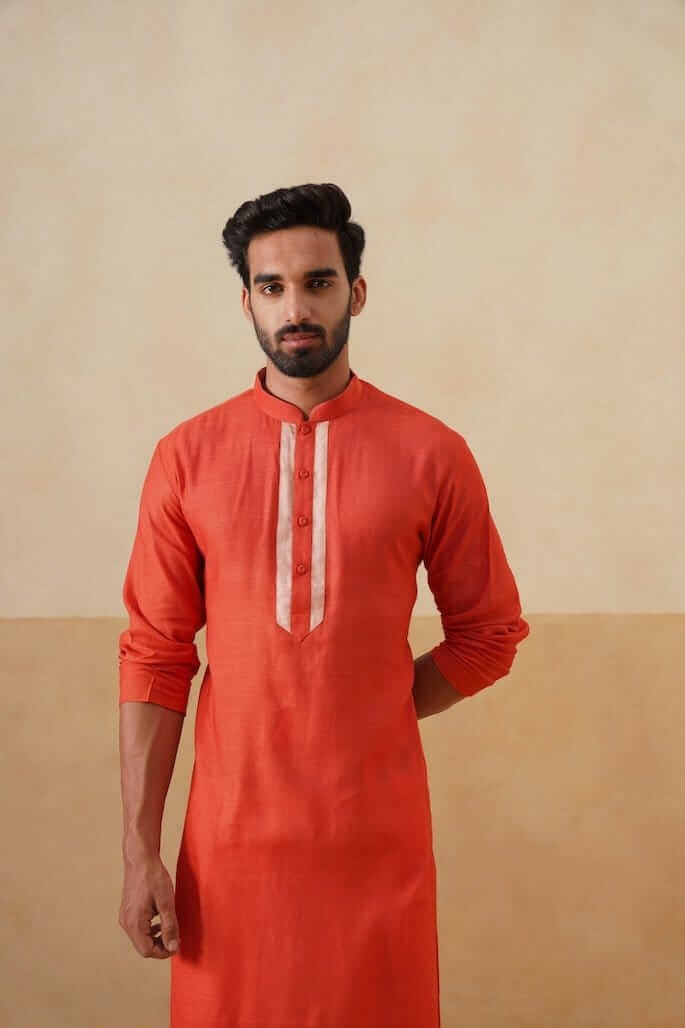 Saffron Cotton Kurta with Beige Placket