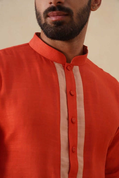 Saffron Cotton Kurta with Beige Placket