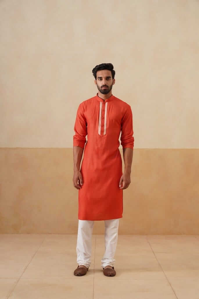 Saffron Cotton Kurta with Beige Placket