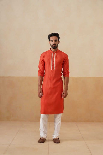 Saffron Cotton Kurta with Beige Placket