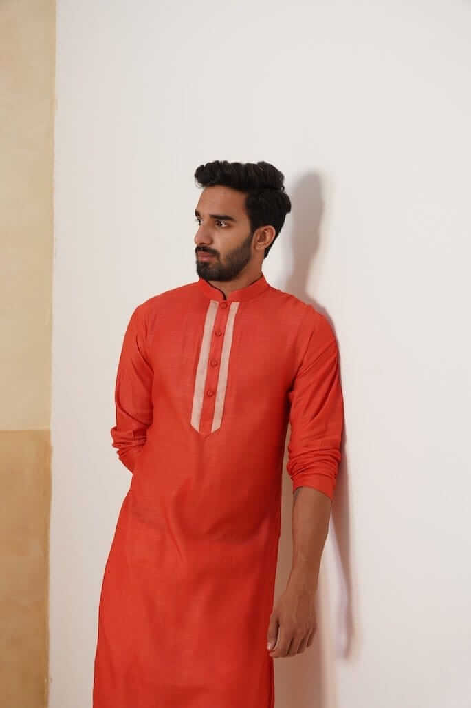 Saffron Cotton Kurta with Beige Placket