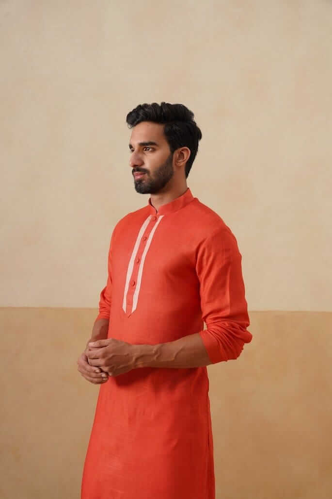 Saffron Cotton Kurta with Beige Placket