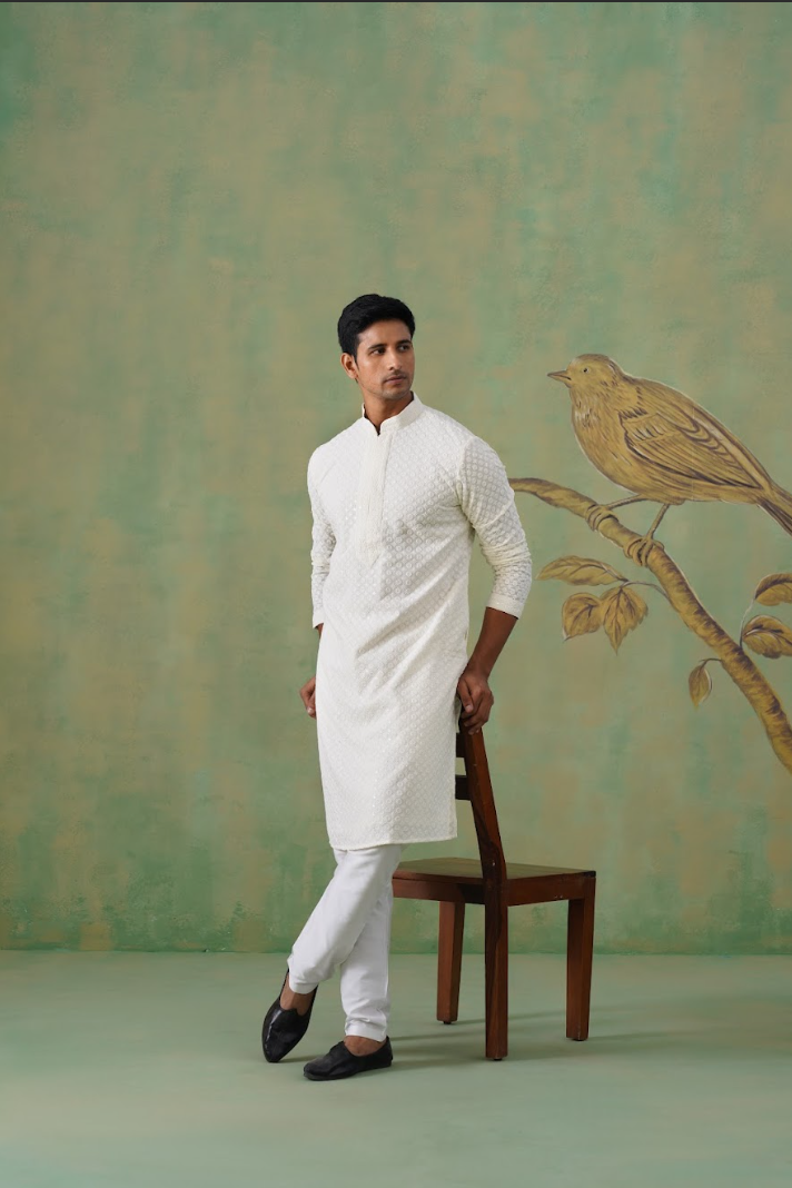 White Textured Sequin-Embellished Cotton Kurta Set