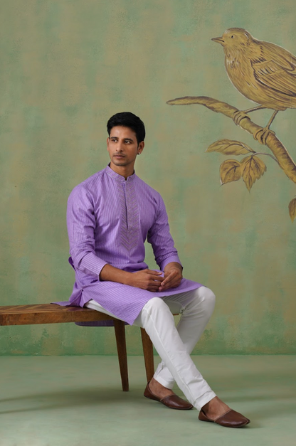 Lilac Striped Hand Embroidered Kurta Set