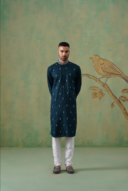 Prussian Blue Cotton Embroidered Kurta Set