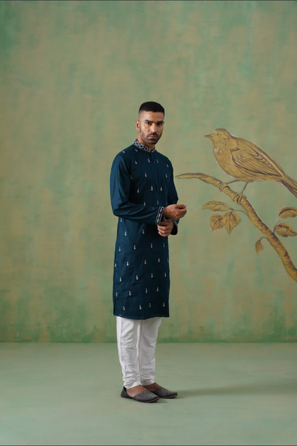 Prussian Blue Cotton Embroidered Kurta Set