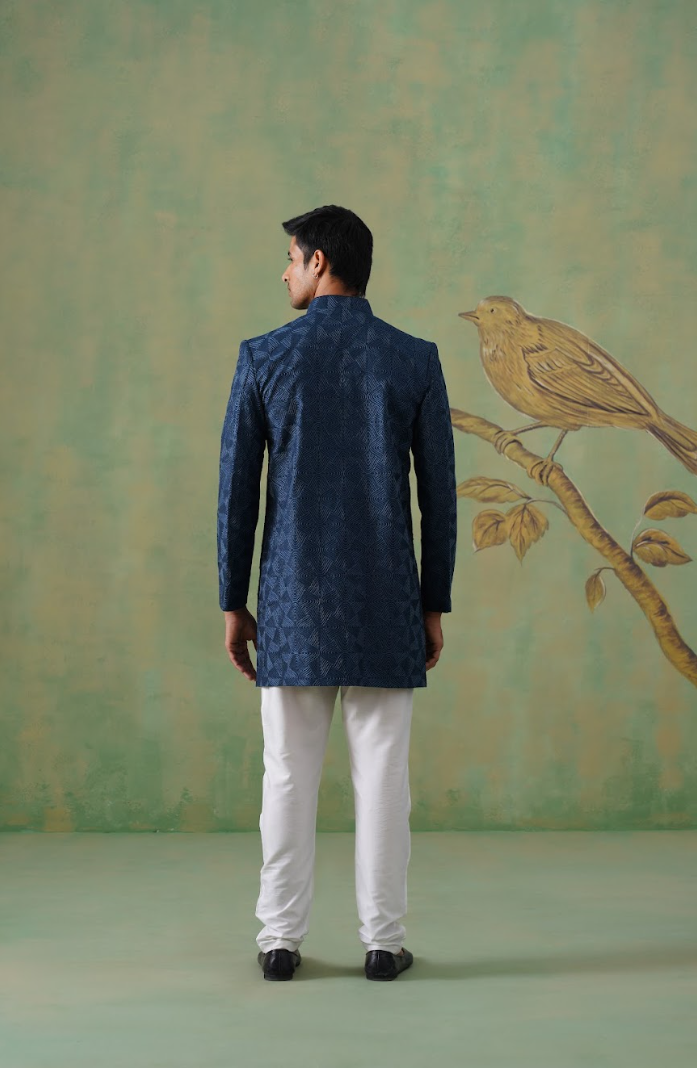 Navy Blue Textured Indo-Western Jacket Set
