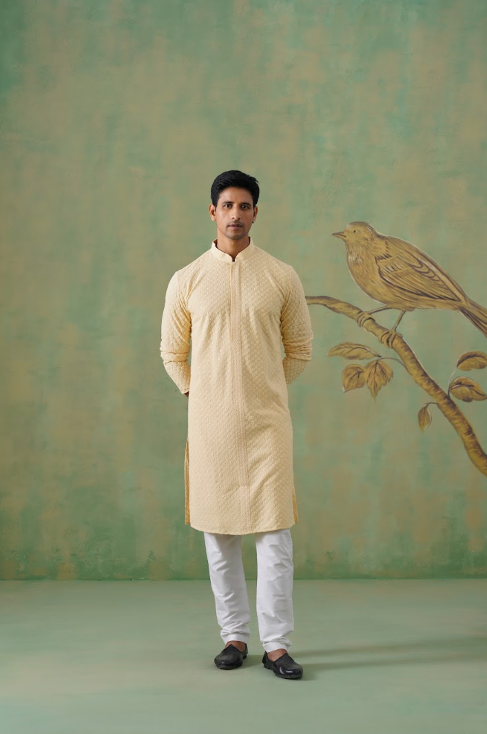Cream Textured Sequin-Embellished Cotton Kurta Set