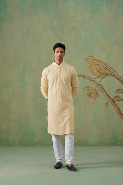 Cream Textured Sequin-Embellished Cotton Kurta Set