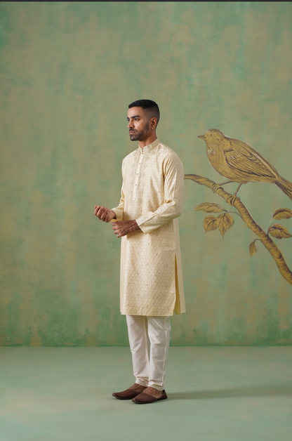 Golden Blended Silk Kurta Set with Hand Embroidery