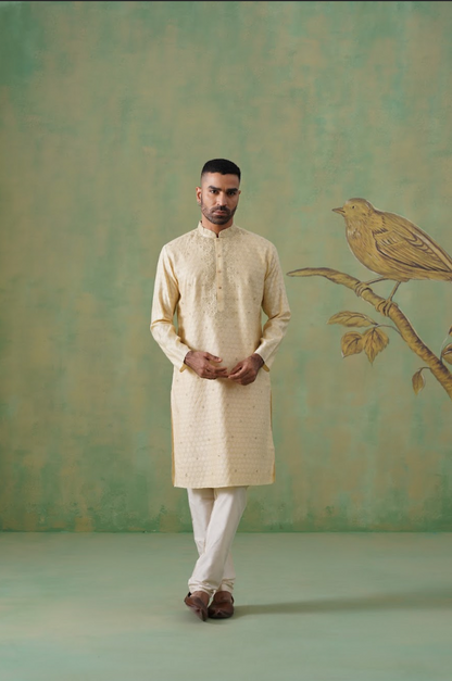 Golden Blended Silk Kurta Set with Hand Embroidery