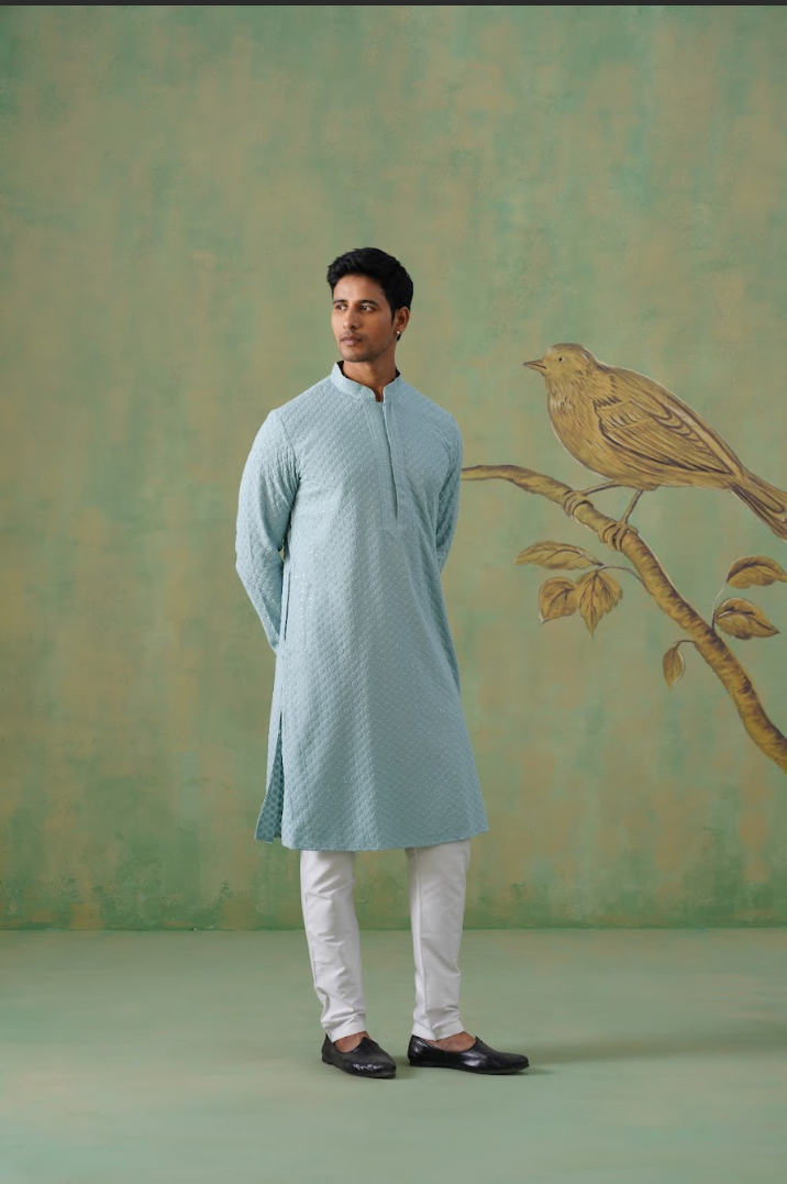 Pastel Blue Textured Sequin-Embellished Cotton Kurta Set
