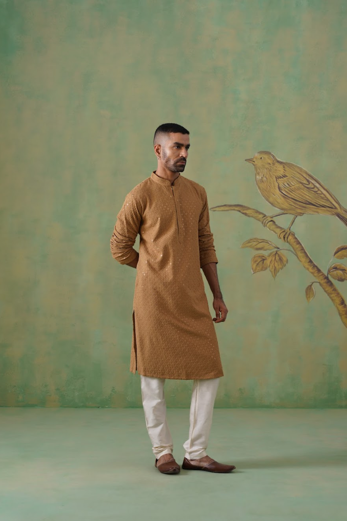 Brown Cotton Sequin Work Kurta Set