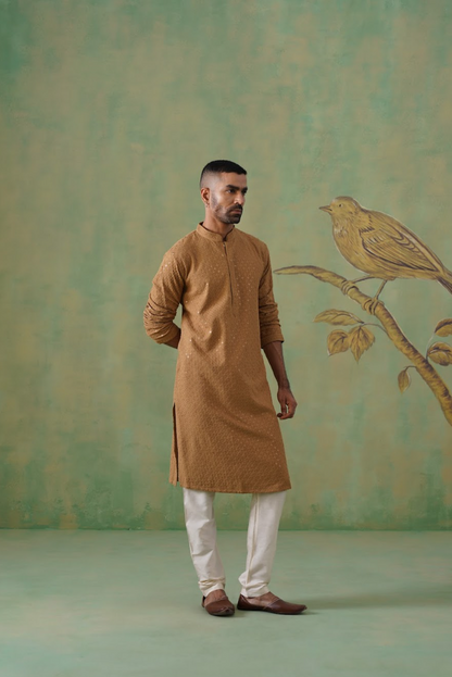 Brown Cotton Sequin Work Kurta Set