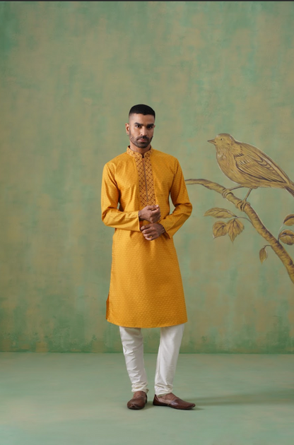 Mustard Jacquard Kurta Set with Embroidery