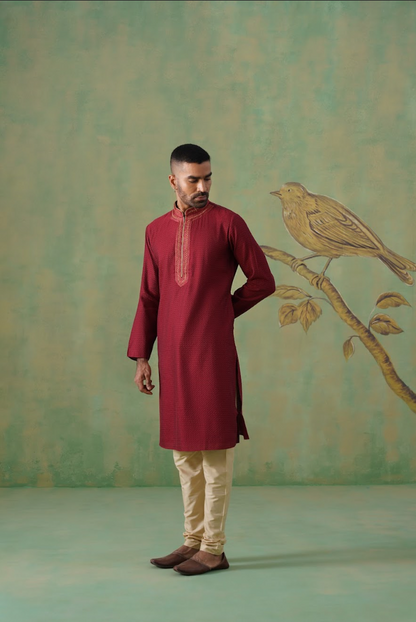 Maroon Jacquard Kurta Set with Hand Embroidery