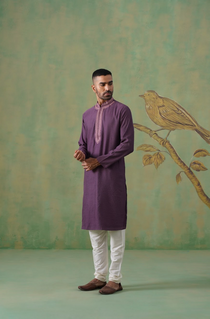 Purple Jacquard Kurta Set with Hand Embroidery
