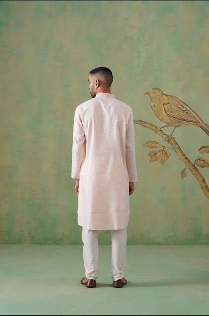 Dusty Rose Textured Kurta Set with Delicate Hand Embroidery