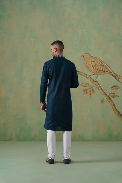 Prussian Blue Cotton Embroidered Kurta Set
