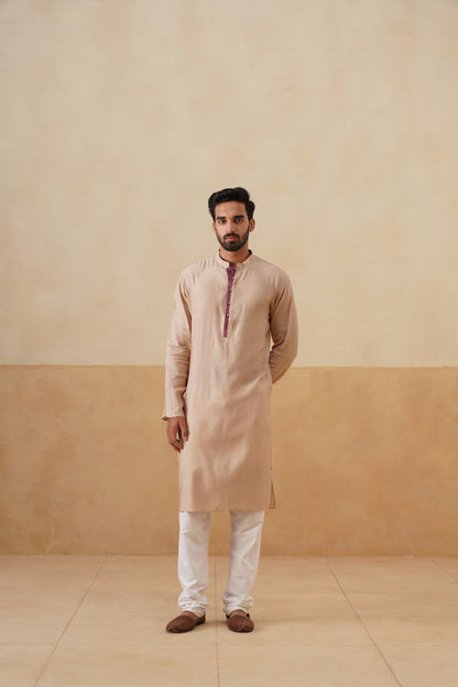 Beige Kurta with Maroon Placket
