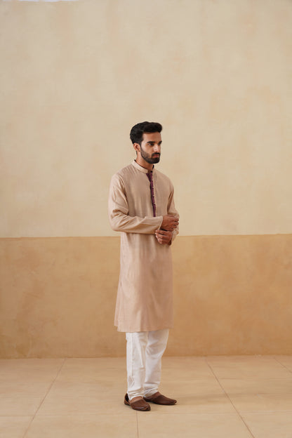 Beige Kurta with Maroon Placket