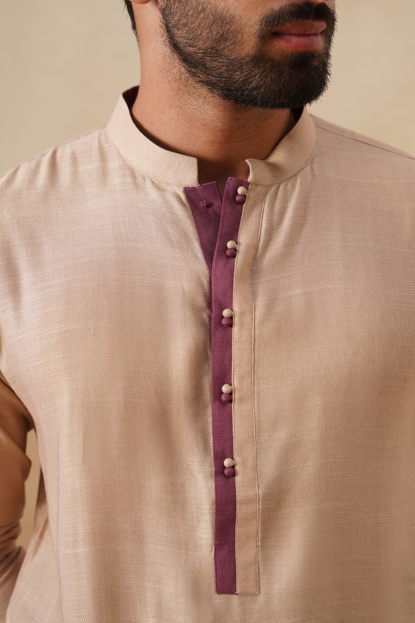 Beige Kurta with Maroon Placket
