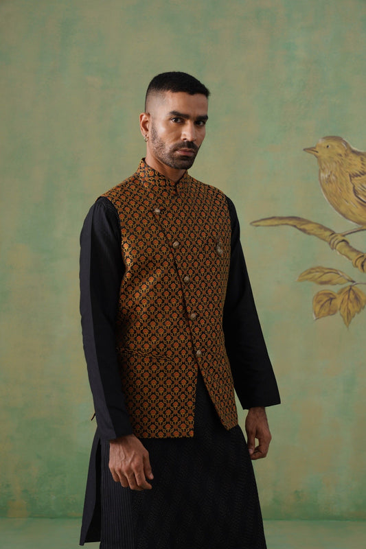 Black & Maroon Floral Motif Short Jacket for Men
