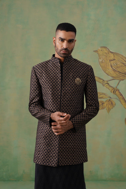 Brown & Black Geometric Jacquard Long Jacket Set