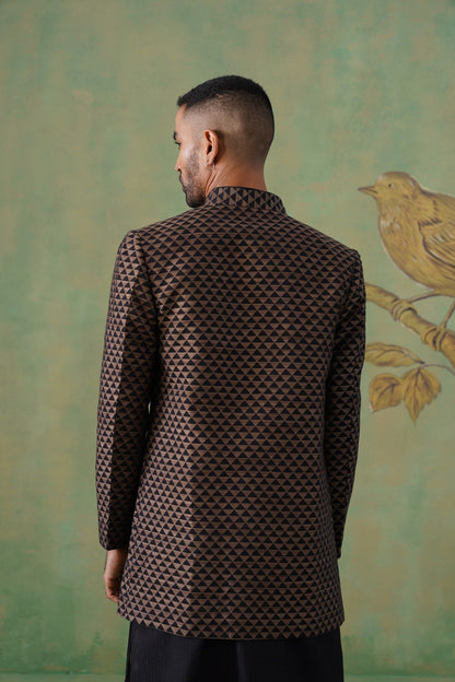 Brown & Black Geometric Jacquard Long Jacket Set